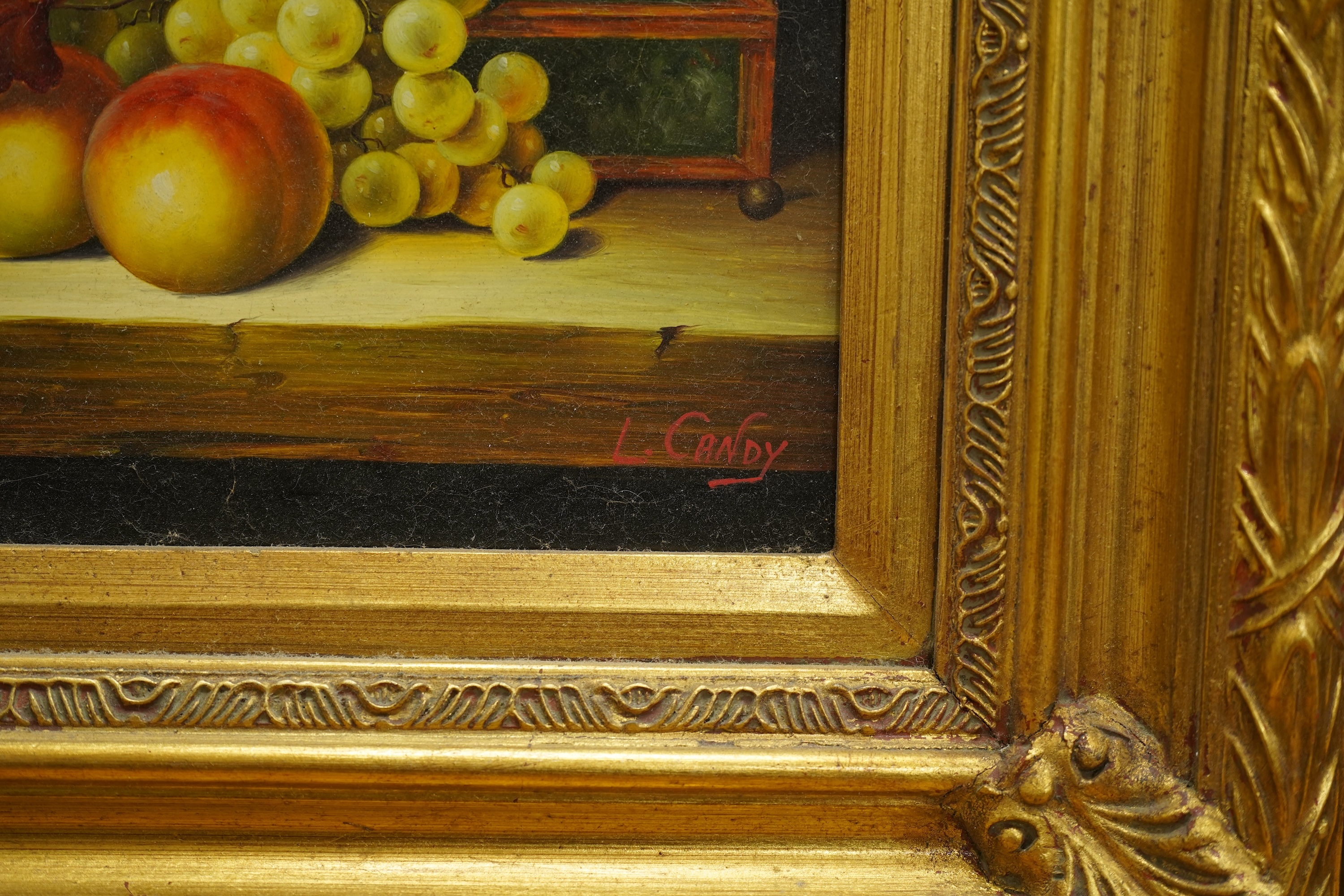 L Candy, Old Master style, Still lifes of fruit and vessels, set of four decorative oils on board, each 25 x 19cm, ornate gilt frames